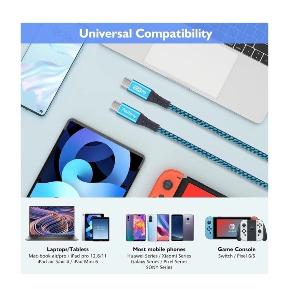 Aeibxiy USB C to C Cable, Nylon Braided‎ C 10Ft, 5Pack-Multicolored - Picture 6 of 7